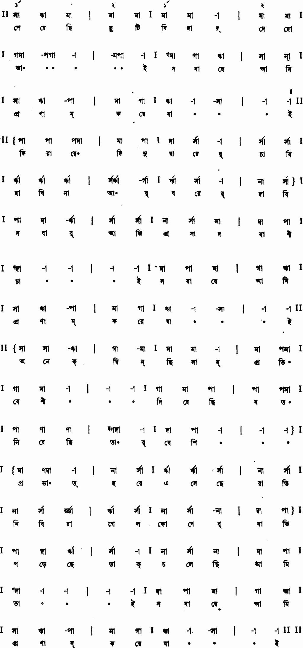 Notation peyechhi chhuti biday